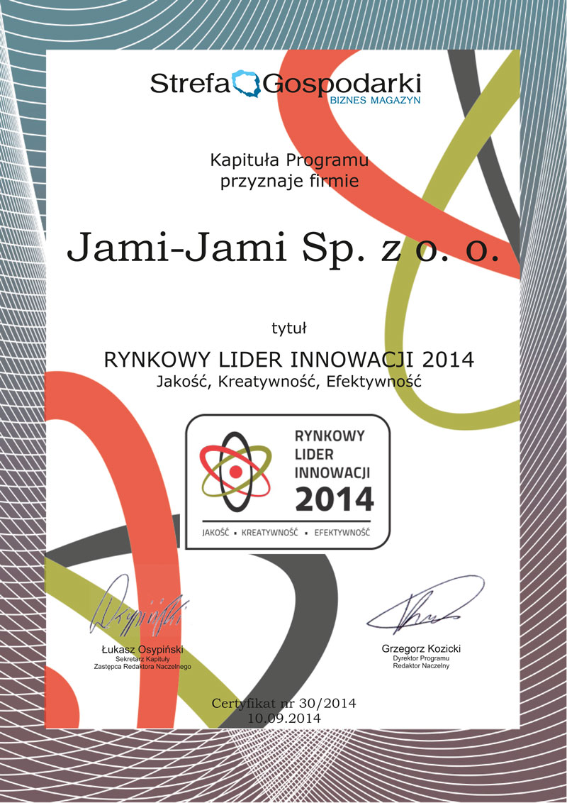 Jami-Jami, dyplom dla Rynkowego Lidera Innowacji 2014